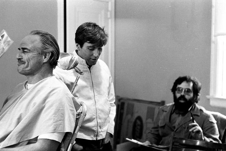 Marlon Brando, Al Pacino and Francis Ford Coppola on the set of The Godfather.